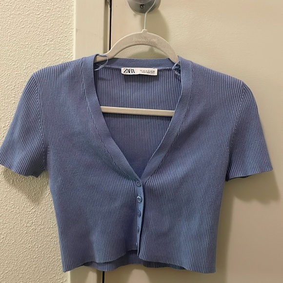 Zara Cropped Knit Top Crop Cardigan V-Neck Button-Up Ribbed Short Blue Sweater M - Picture 3 of 5